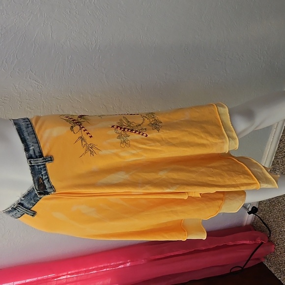 MOCHA by Moran Dahan Distressed Denim Waistband Yellow Assymetric Festival Skirt - Picture 4 of 11